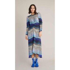 MUNTHE Downy Maxi Dress 42 Long Ruched Sleeves Striped Lightweight Breathable